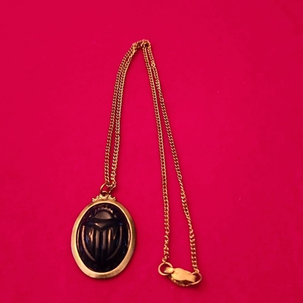 New Vintage Signed Blue Lapis Lazuli Scarab Gold Plated Necklace